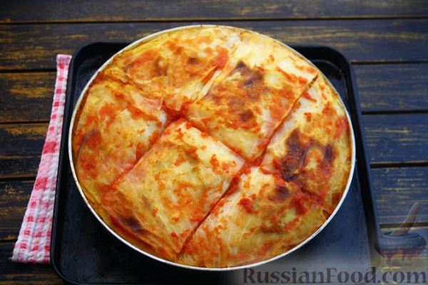 Капустная запеканка с фаршем и рисом